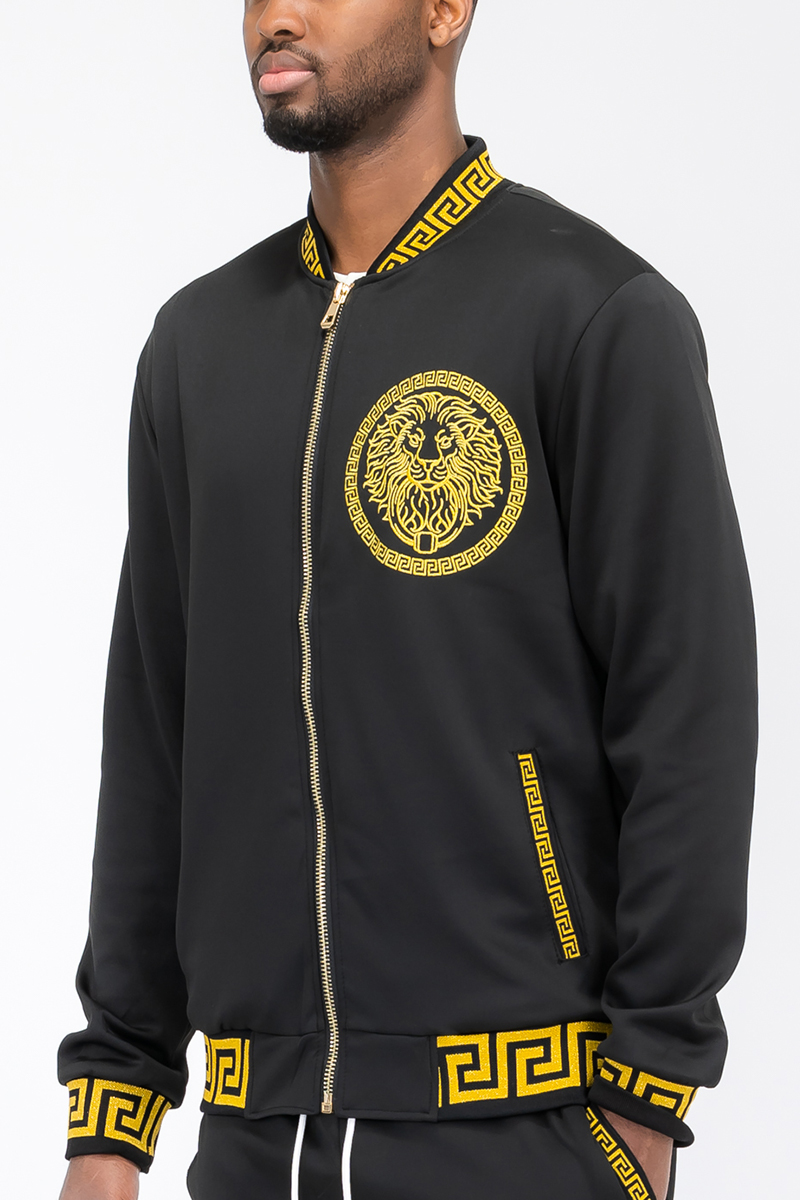 Men's Lion Head Embroidery Status Track Jacket featuring a lion head design on the chest, elastic waist, and standard pockets.