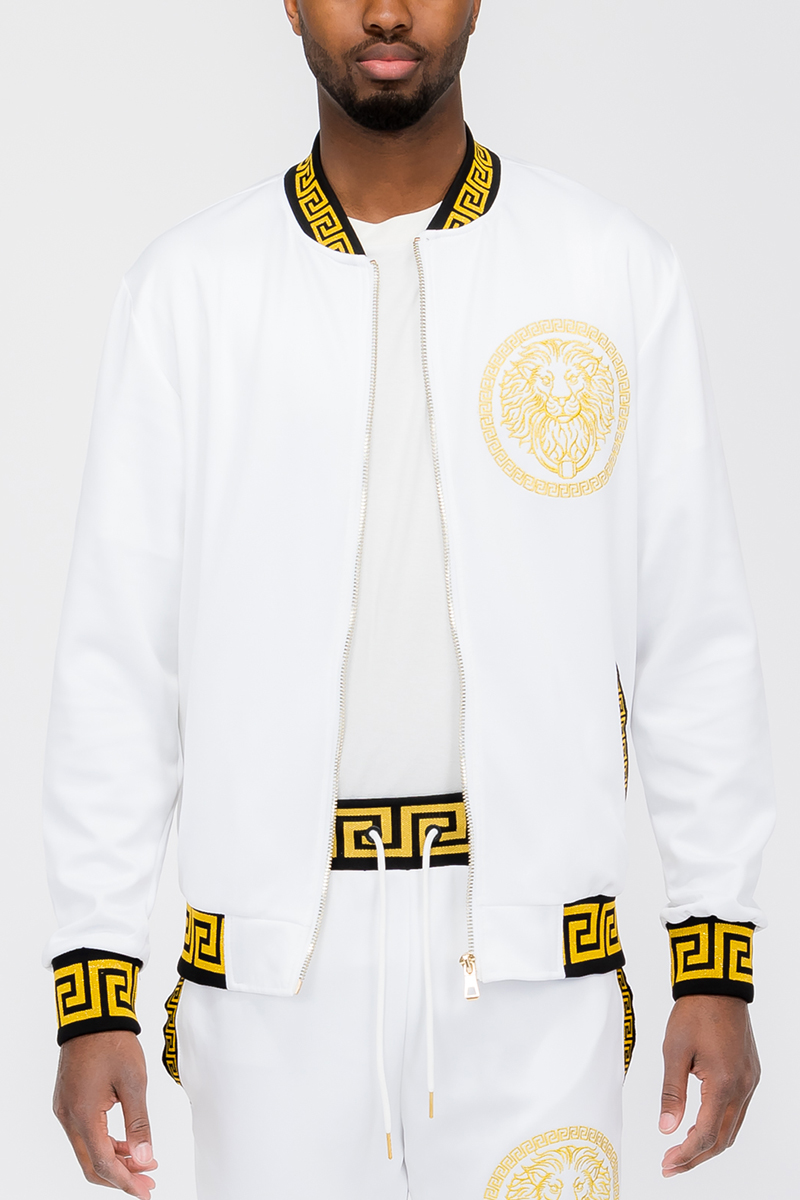 Men's Lion Head Embroidery Status Track Jacket featuring a lion head design on the chest, elastic waist, and standard pockets.