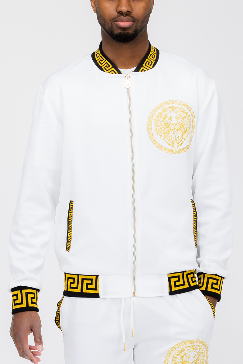 Men's Lion Head Embroidery Status Track Jacket featuring a lion head design on the chest, elastic waist, and standard pockets.