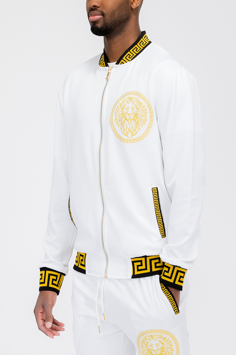 Men's Lion Head Embroidery Status Track Jacket featuring a lion head design on the chest, elastic waist, and standard pockets.