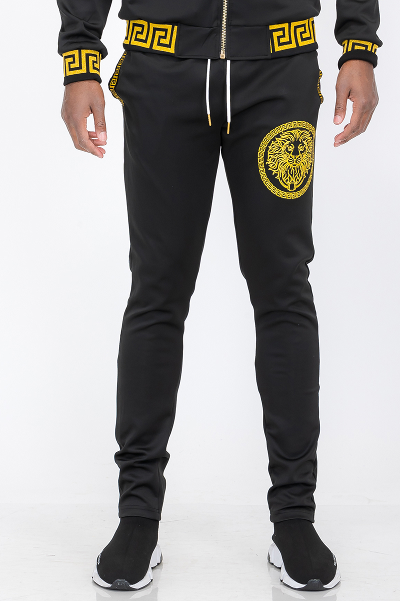 Lion Head Embroidery Status Track Pant featuring elastic waist and standard pockets, designed for comfort and style.