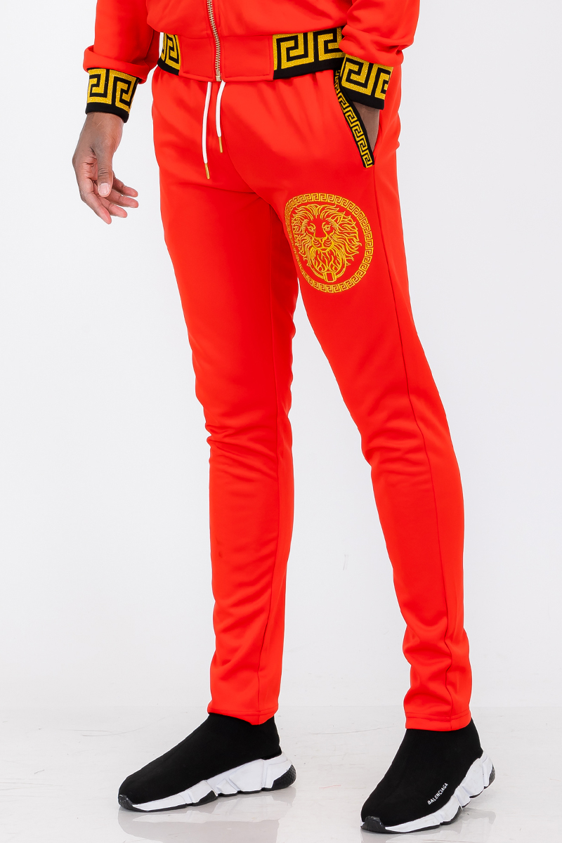 Men's Lion Head Embroidery Status Track Pants featuring an elastic waist and standard pockets, showcasing unique lionhead embroidery on the leg.