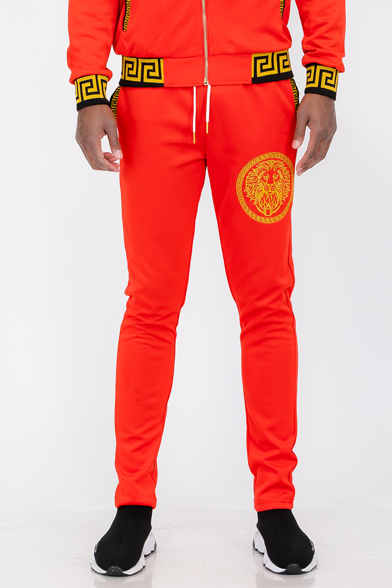 Men's Lion Head Embroidery Status Track Pants featuring an elastic waist and standard pockets, showcasing unique lionhead embroidery on the leg.