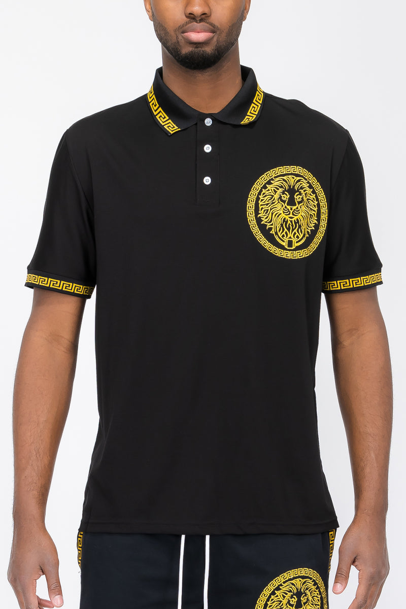 Lion Head Polo Shirt featuring a button-down closure and regular fit, modeled by a man standing at 5'11 wearing a Large size.