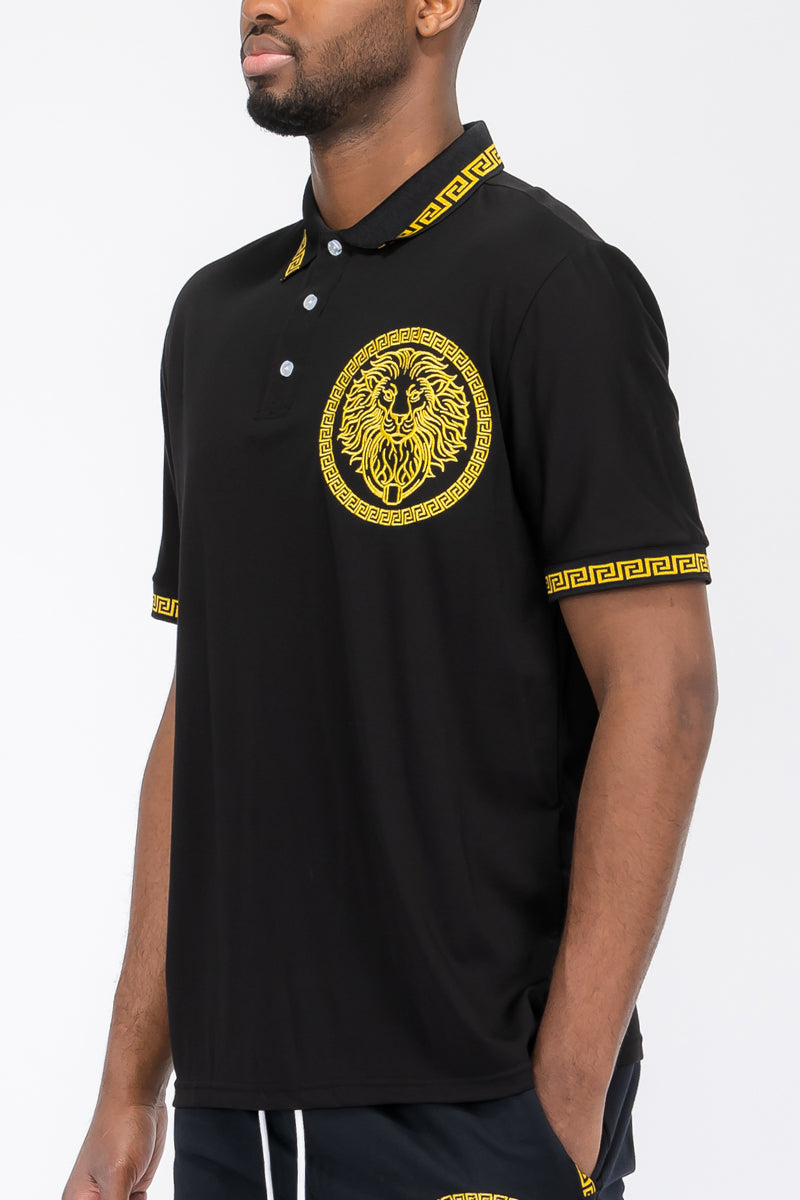 Lion Head Polo Shirt featuring a button-down closure and regular fit, modeled by a man standing at 5'11 wearing a Large size.