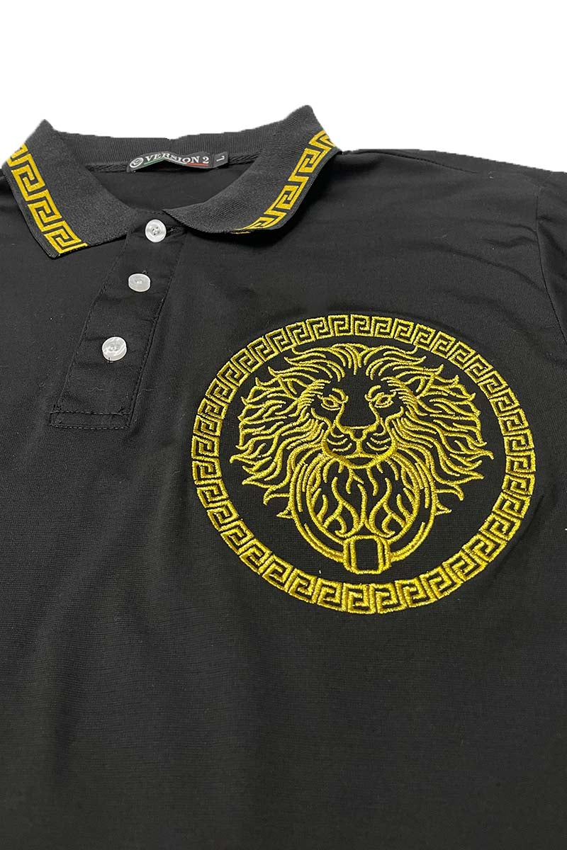 Lion Head Polo Shirt featuring a button-down closure and regular fit, modeled by a man standing at 5'11 wearing a Large size.