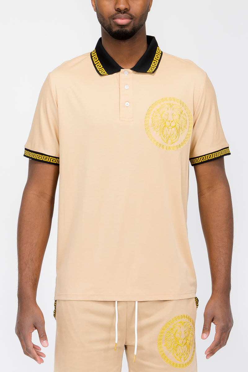 Lion Head Polo Shirt featuring a button-down closure and regular fit, modeled by a man standing at 5'11 wearing a Large size.