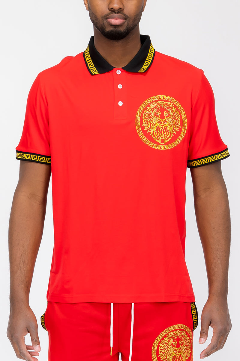 Lion Head Polo Shirt featuring a button-down closure and regular fit, modeled by a man standing at 5'11 wearing a Large size.