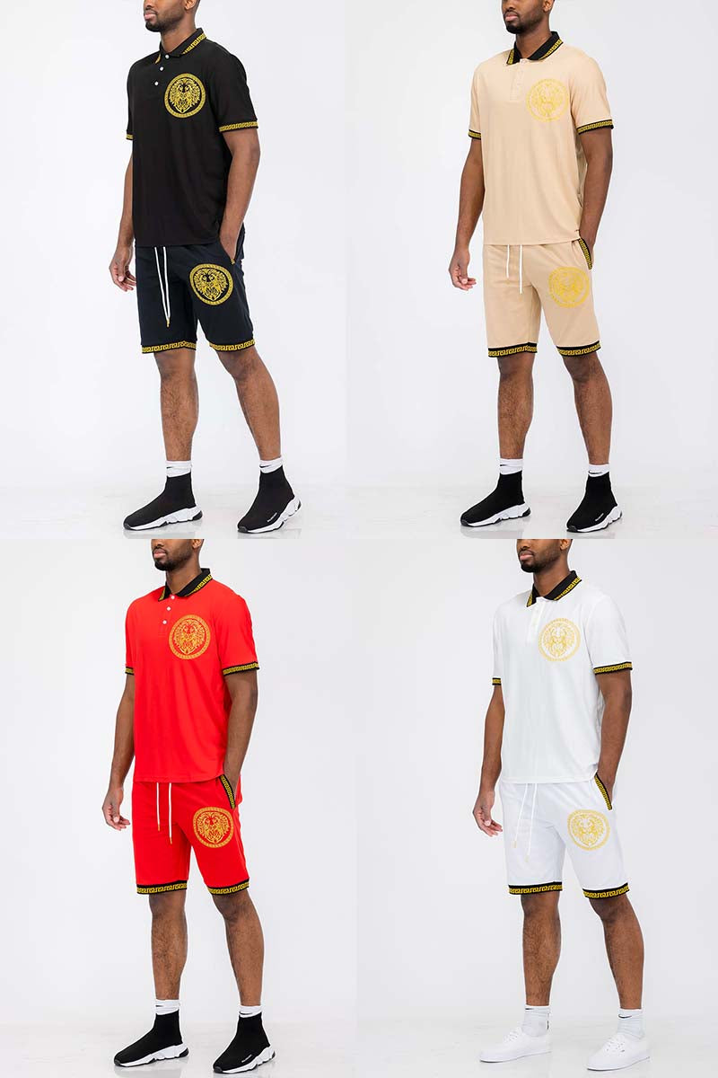 Lion Head Polo Short Set featuring a round neck t-shirt and elastic waist shorts, perfect for casual wear.