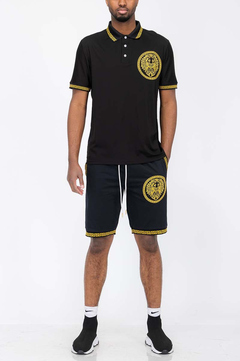 Lion Head Polo Short Set featuring a round neck t-shirt and elastic waist shorts, perfect for casual wear.