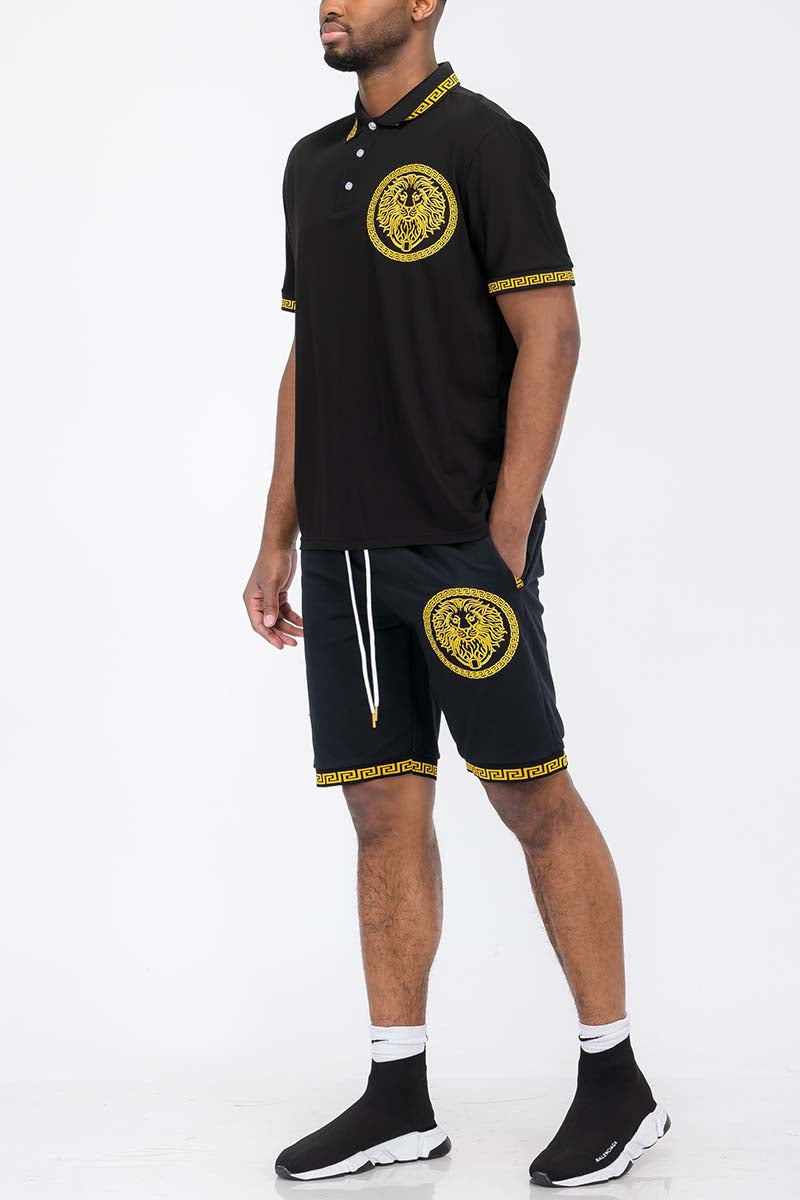 Lion Head Polo Short Set featuring a round neck t-shirt and elastic waist shorts, perfect for casual wear.