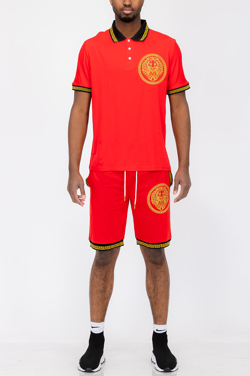 Lion Head Polo Short Set featuring a round neck t-shirt and elastic waist shorts, perfect for casual wear.