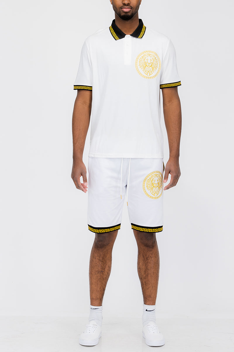 Lion Head Polo Short Set featuring a round neck t-shirt and elastic waist shorts, perfect for casual wear.