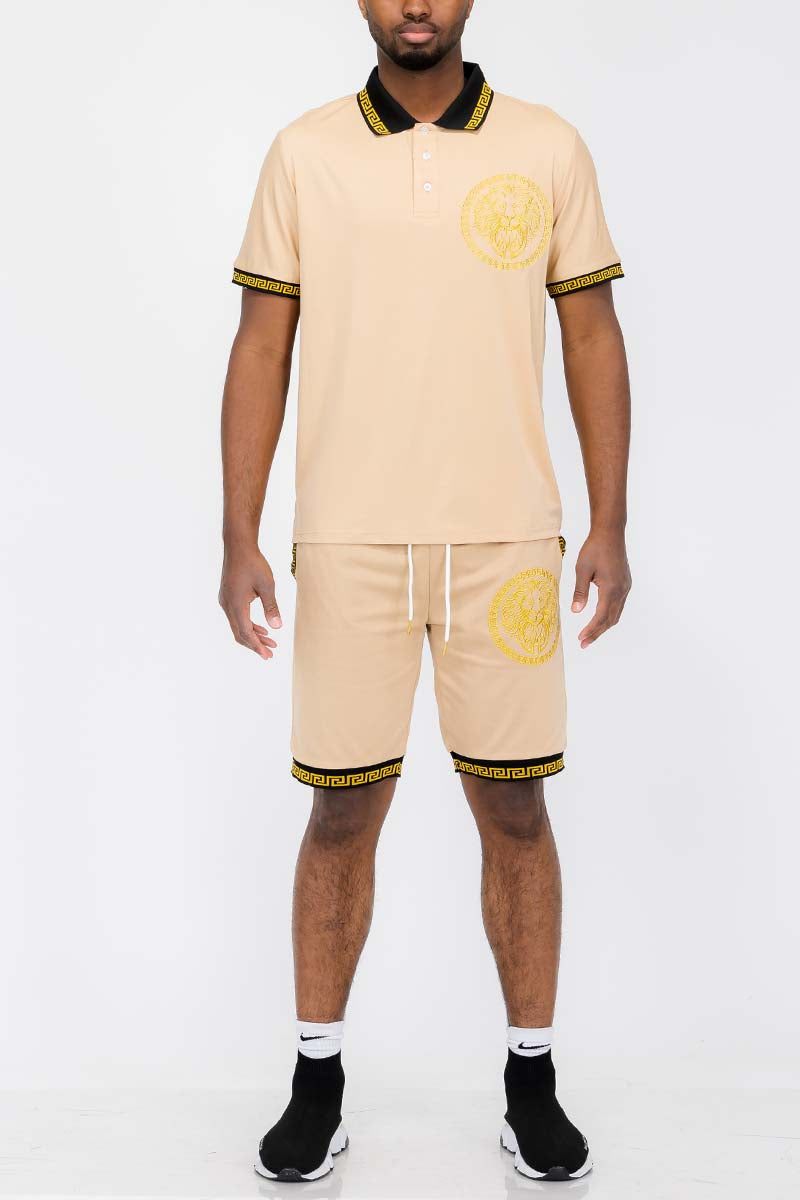 Lion Head Polo Short Set featuring a round neck t-shirt and elastic waist shorts, perfect for casual wear.