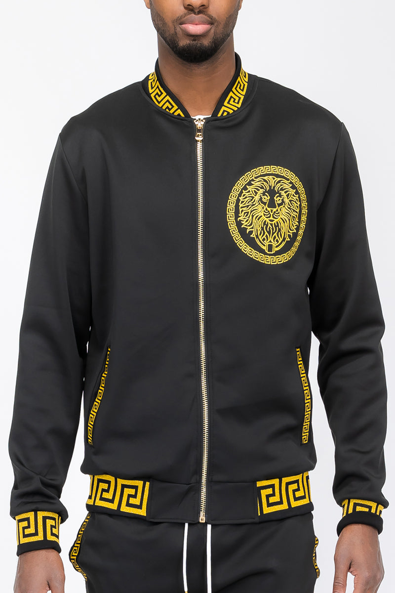 Lion Head Track Jacket featuring full zip, elasticated cuffs, and collar in a stylish design.