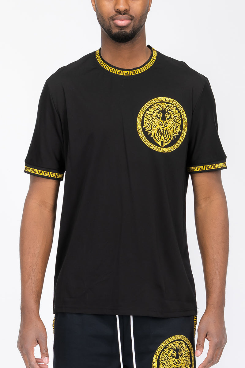 A stylish Lion Head T-Shirt featuring a bold lion graphic, round neck, and tape detail, perfect for casual wear.