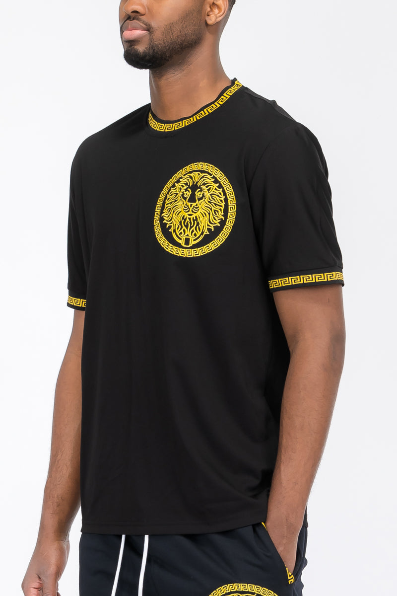 A stylish Lion Head T-Shirt featuring a bold lion graphic, round neck, and tape detail, perfect for casual wear.