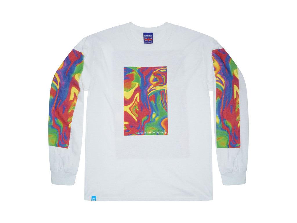 White long sleeved t-shirt featuring a vibrant trippy festival print on the front, back, and sleeves, made from soft cotton.