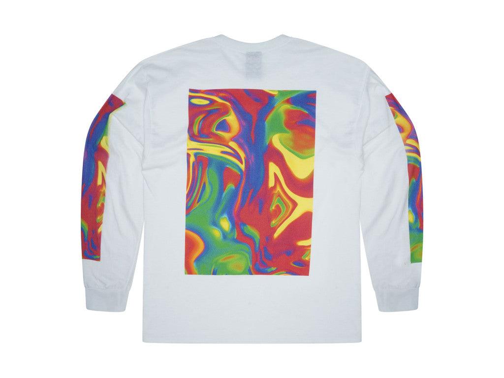 White long sleeved t-shirt featuring a vibrant trippy festival print on the front, back, and sleeves, made from soft cotton.