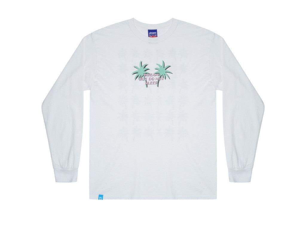 Long sleeved white t-shirt featuring a vibrant tropical palm tree print on the front and back, perfect for summer vibes.