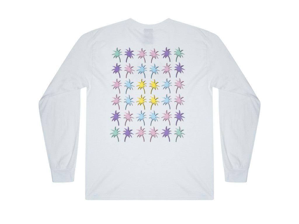 Long sleeved white t-shirt featuring a vibrant tropical palm tree print on the front and back, perfect for summer vibes.