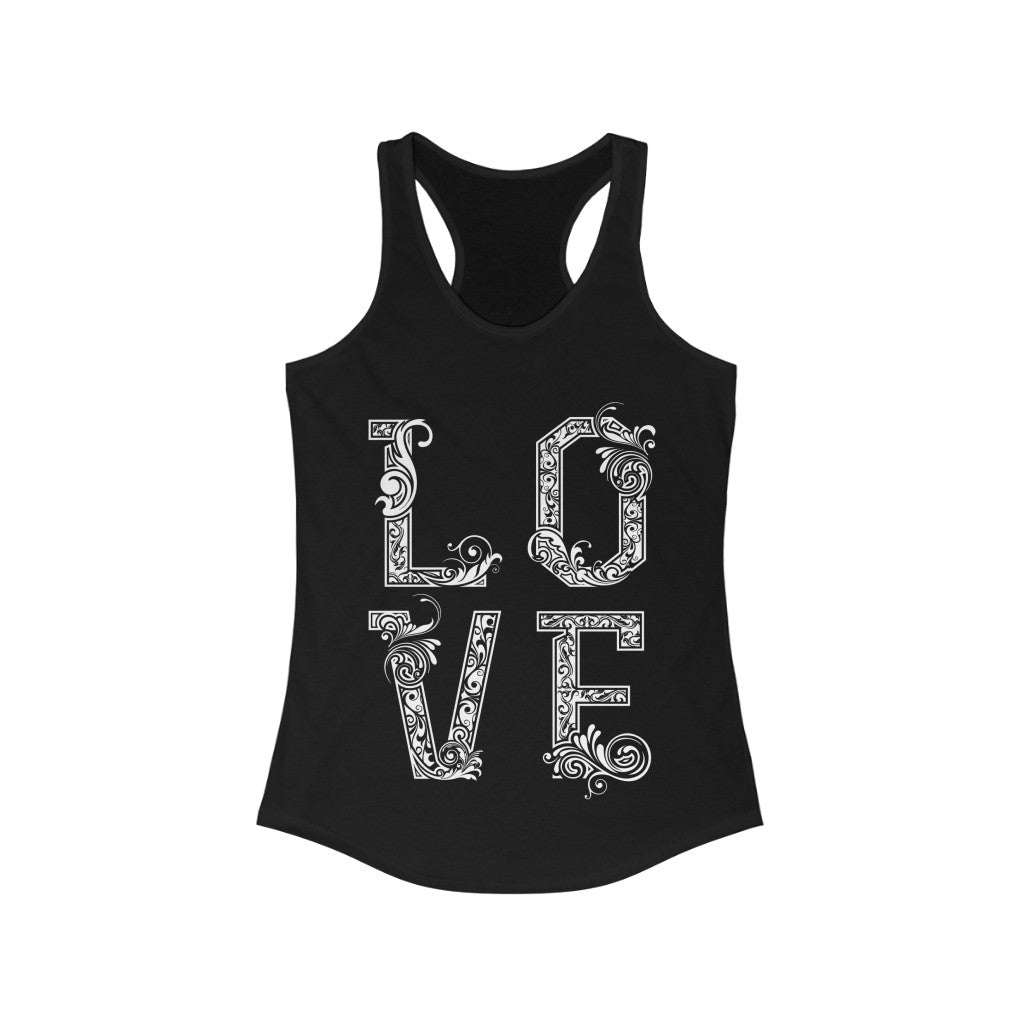 LOVE vintage writing Racerback Tank Top in various colors, showcasing its slim fit and lightweight fabric.