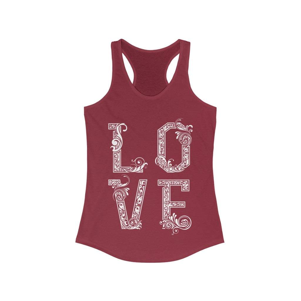 LOVE vintage writing Racerback Tank Top in various colors, showcasing its slim fit and lightweight fabric.