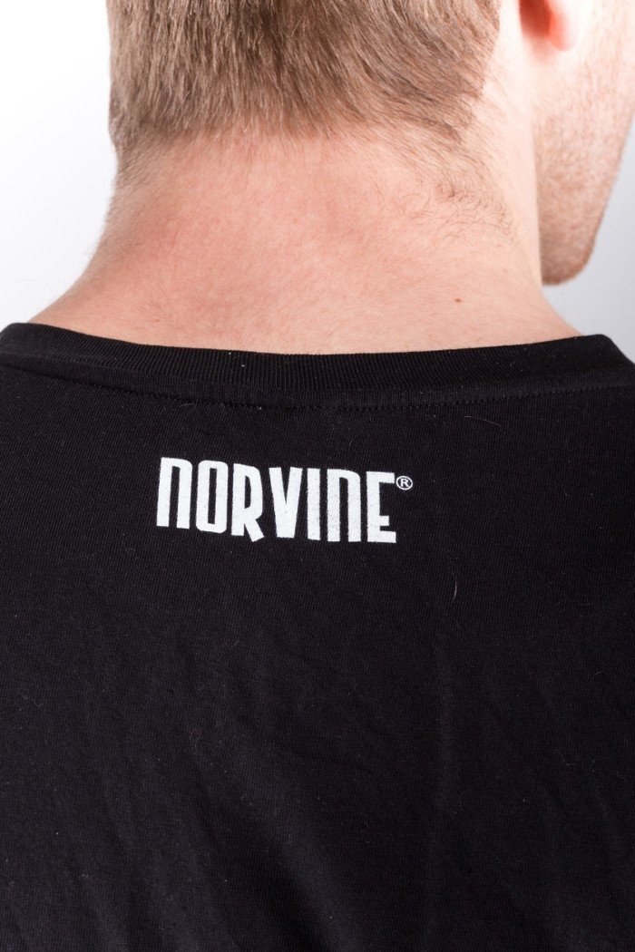 Black premium quality t-shirt made from 100% organic cotton, featuring the Norvine logo on the back, designed for men and women with a formfitting style.