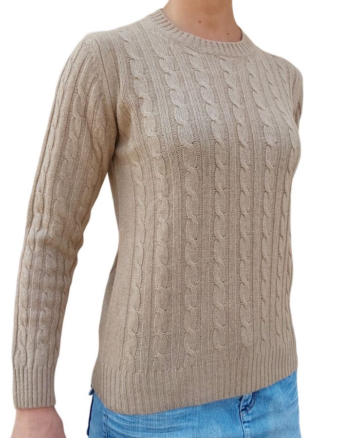 Maglia donna a trecce in cashmere rigenerato, elegante e calda, con design a girocollo e trama avvolgente.