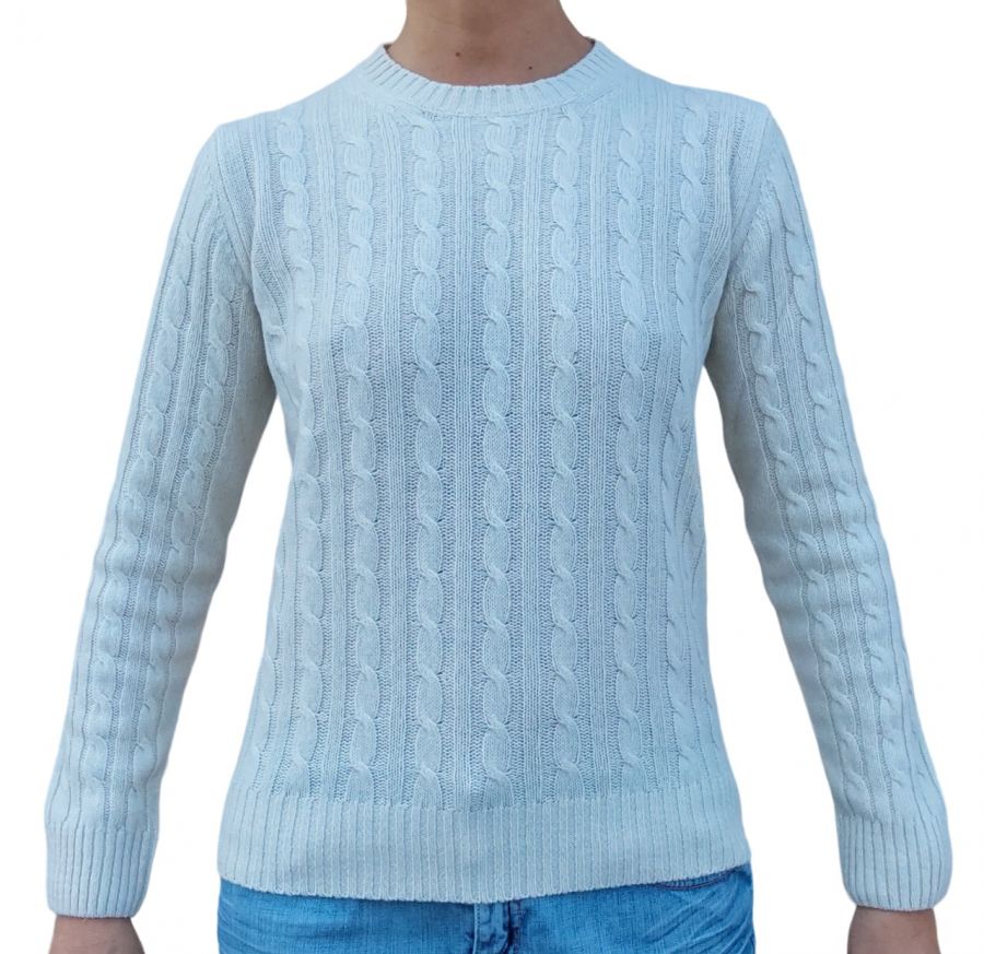 Maglia donna a trecce in cashmere rigenerato, elegante e calda, con design a girocollo e trama avvolgente.