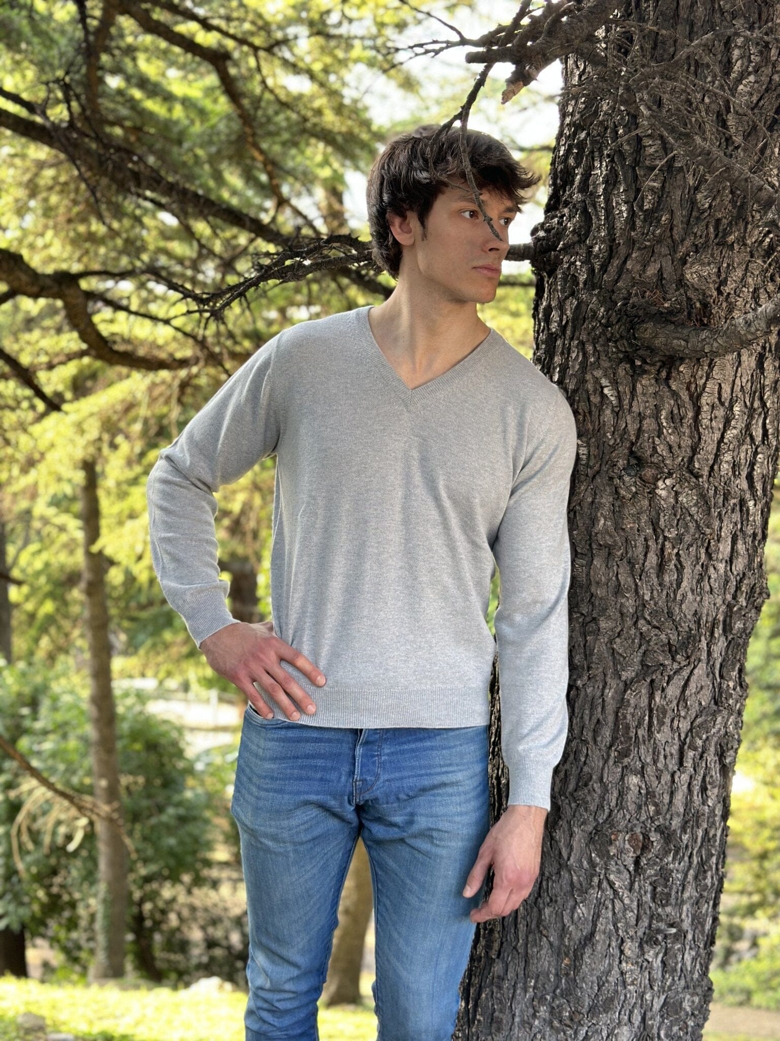 Maglia Uomo 100% Puro Cashmere Scollo a V, elegante e morbida, realizzata in Italia con filati naturali.