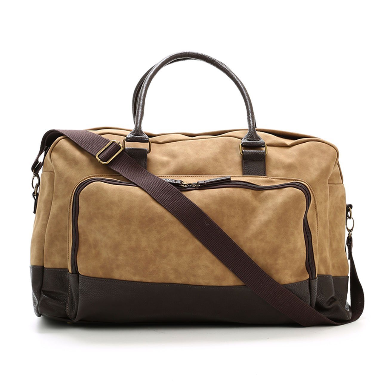 Marcel Two Tone Duffle Bag in stylish vegan leather with dual handles and adjustable strap.