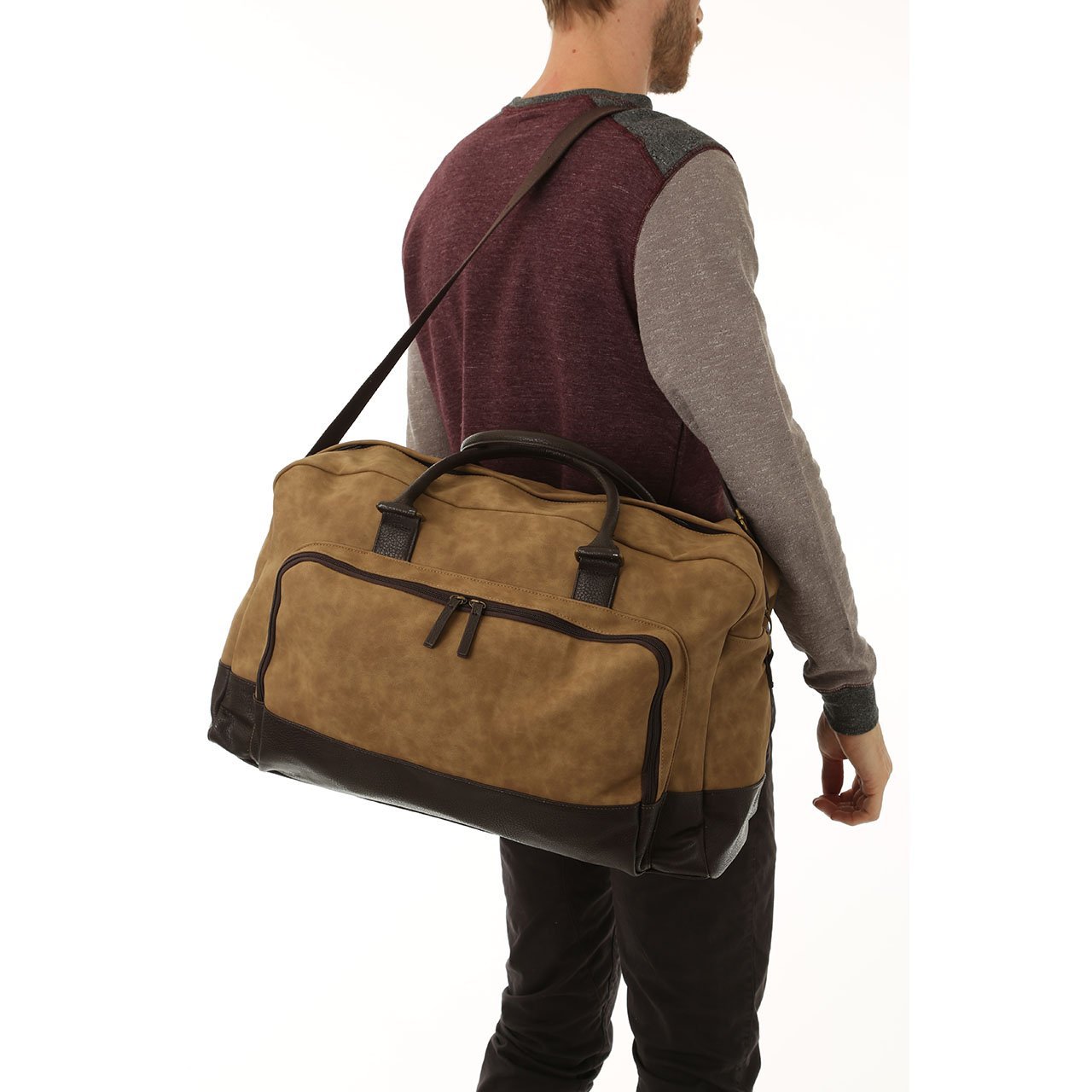 Marcel Two Tone Duffle Bag in stylish vegan leather with dual handles and adjustable strap.