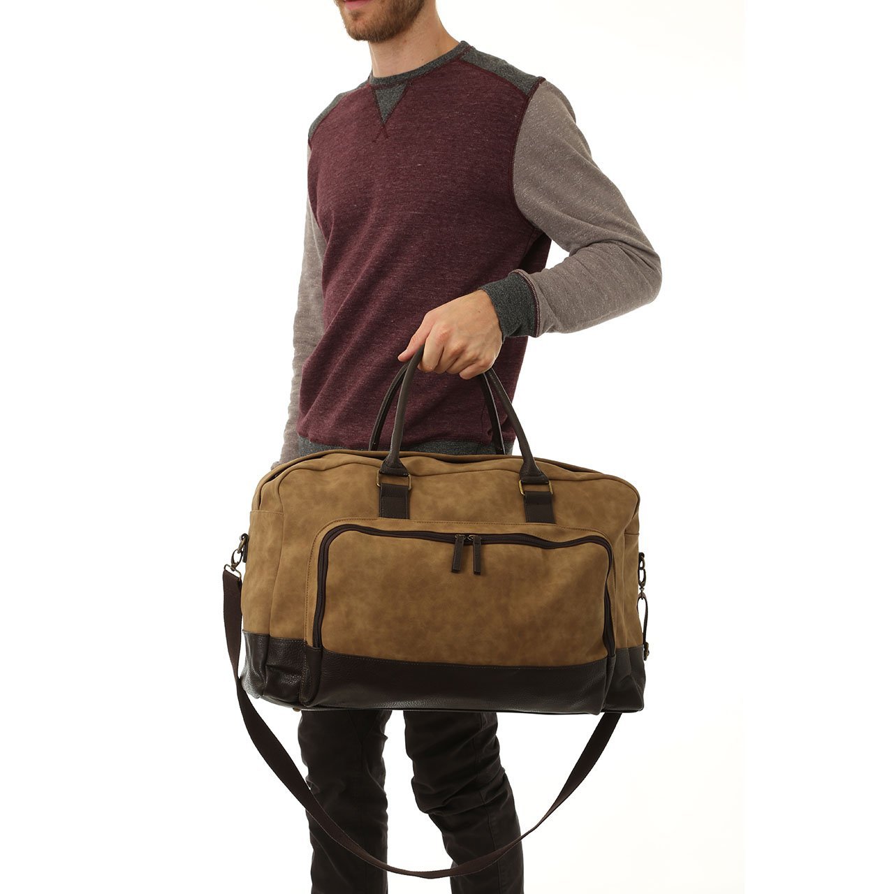 Marcel Two Tone Duffle Bag in stylish vegan leather with dual handles and adjustable strap.