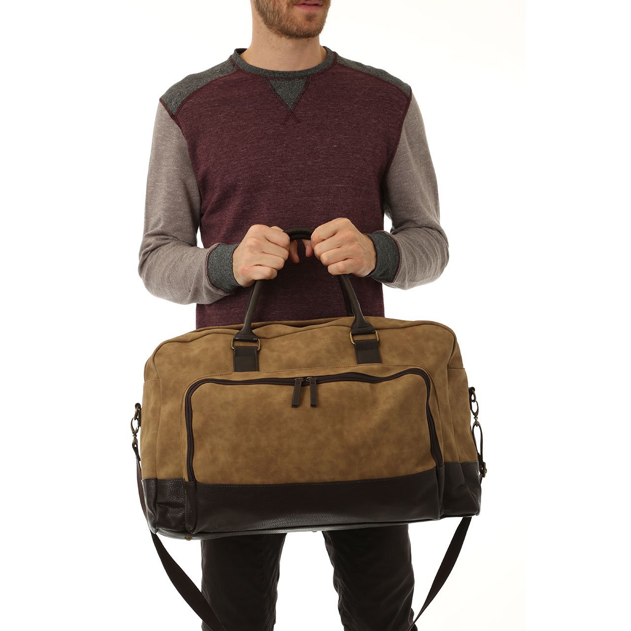 Marcel Two Tone Duffle Bag in stylish vegan leather with dual handles and adjustable strap.