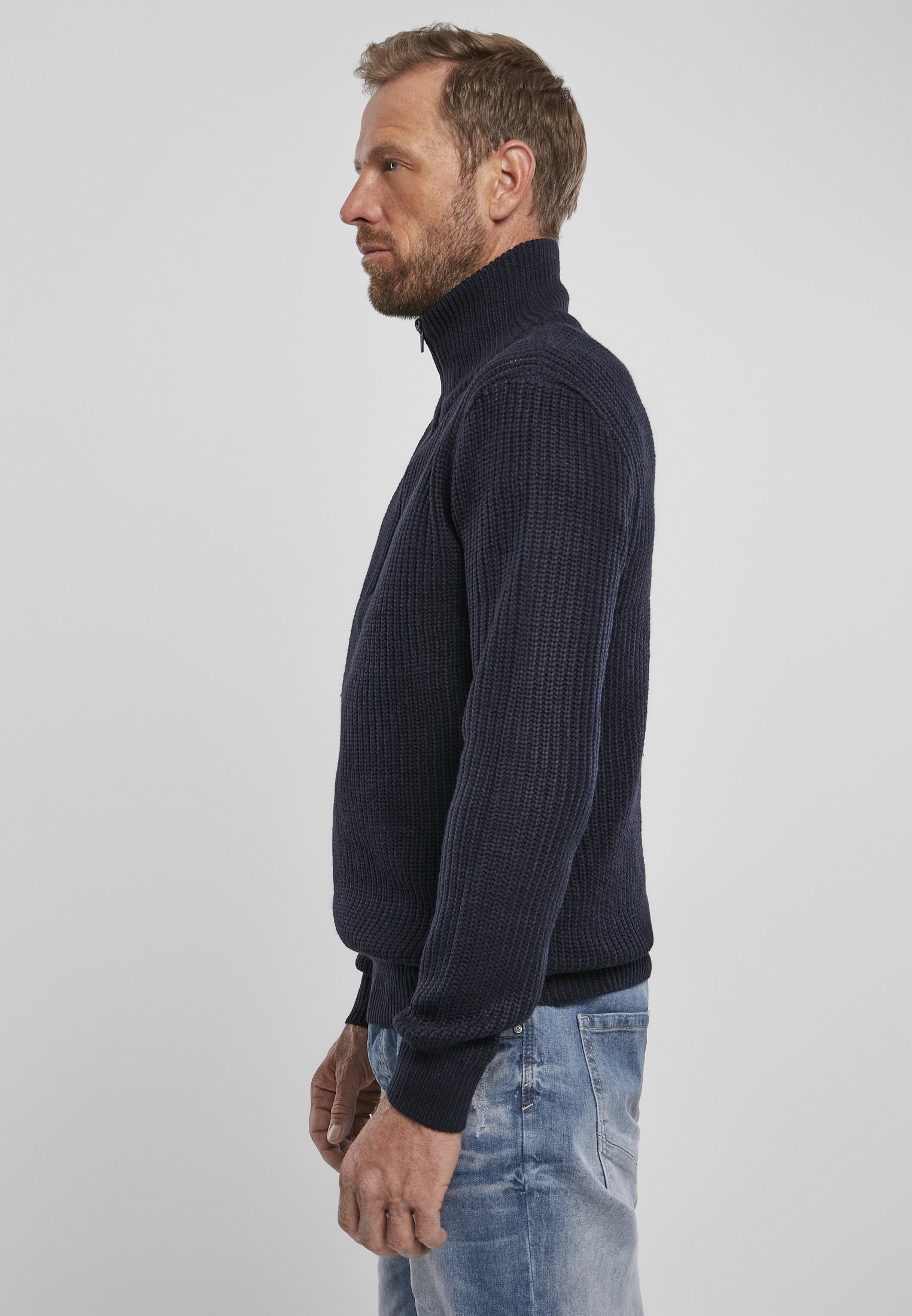 Navy Marine Pullover Troyer with high collar and zipper, featuring knitted cuffs and coarse knit texture.