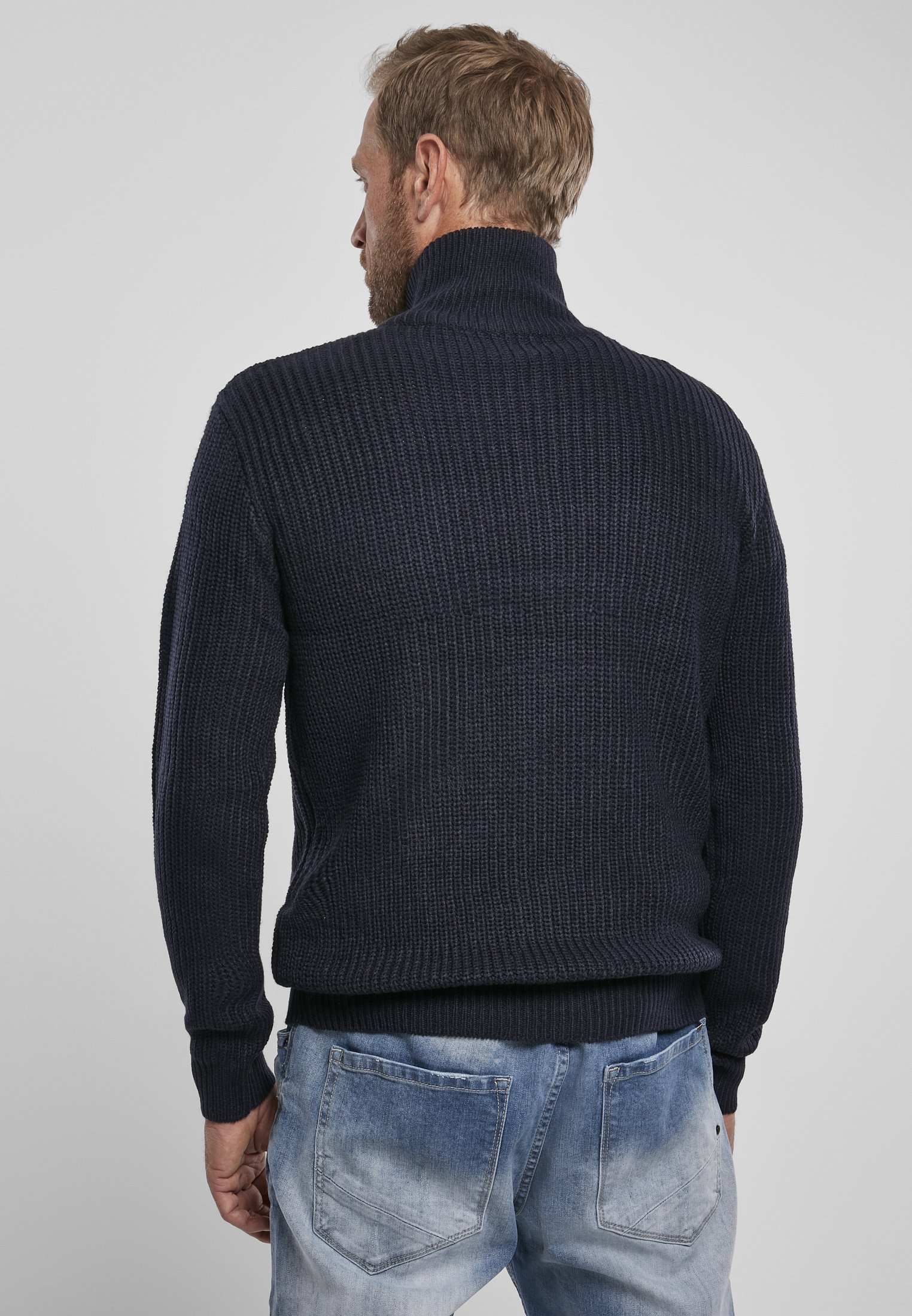 Navy Marine Pullover Troyer with high collar and zipper, featuring knitted cuffs and coarse knit texture.