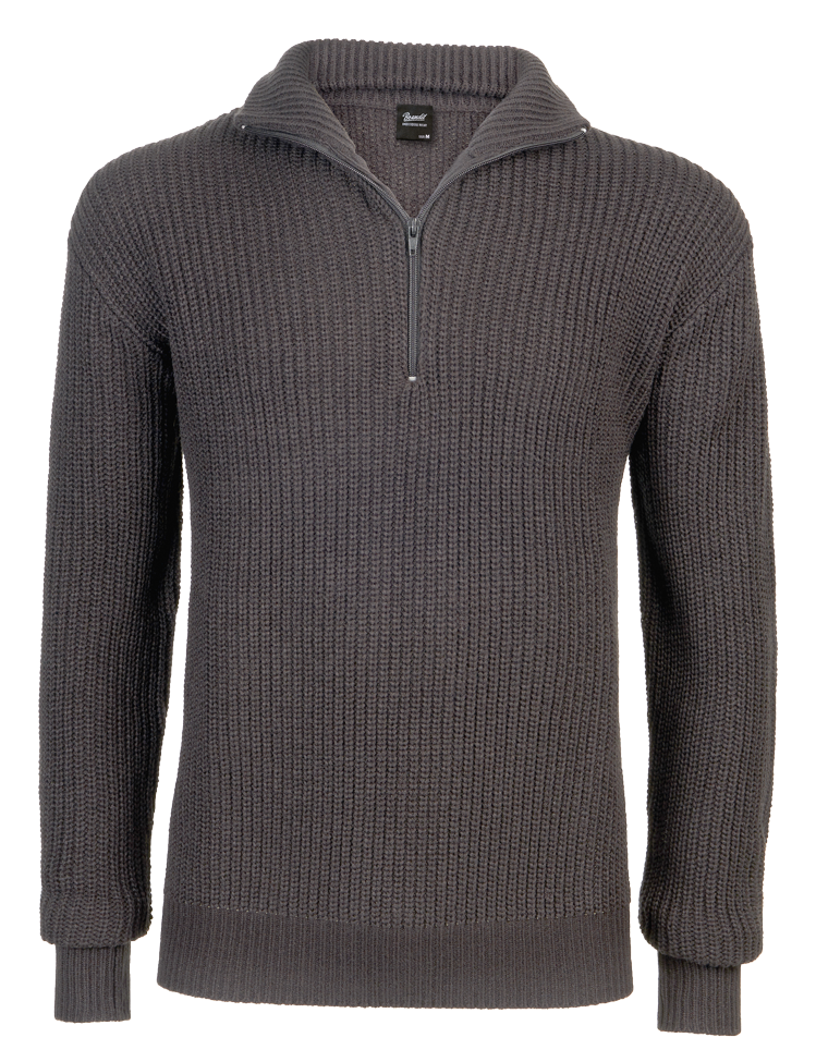 Navy Marine Pullover Troyer with high collar and zipper, featuring knitted cuffs and coarse knit texture.