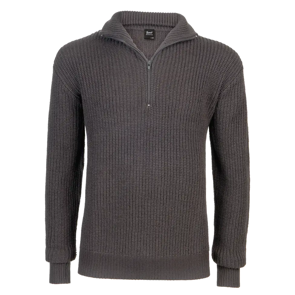 Navy Marine Pullover Troyer with high collar and zipper, featuring knitted cuffs and coarse knit texture.