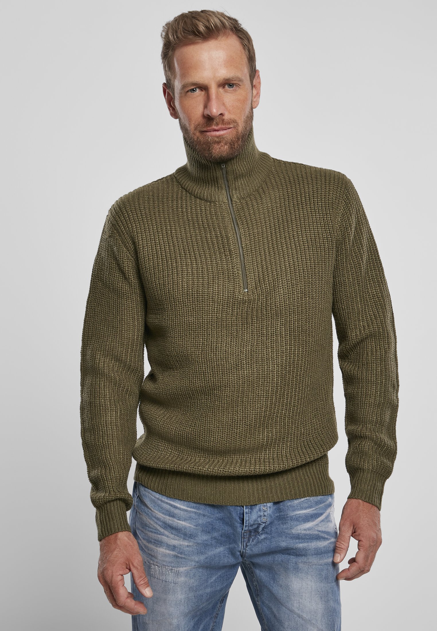 Navy Marine Pullover Troyer with high collar and zipper, featuring knitted cuffs and coarse knit texture.