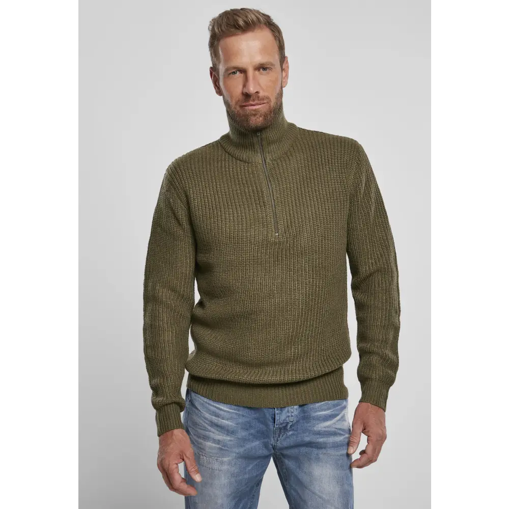 Navy Marine Pullover Troyer with high collar and zipper, featuring knitted cuffs and coarse knit texture.