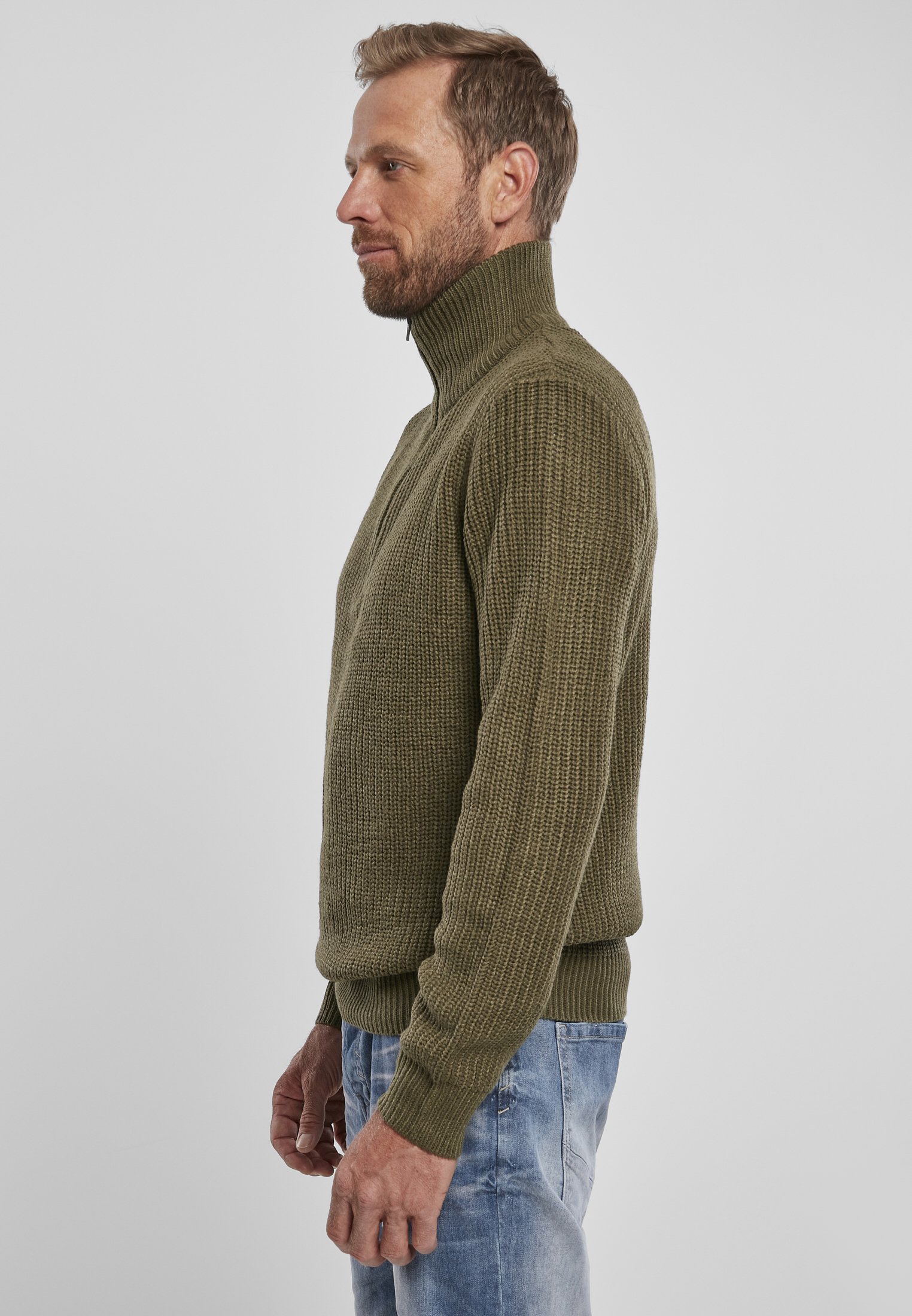 Navy Marine Pullover Troyer with high collar and zipper, featuring knitted cuffs and coarse knit texture.