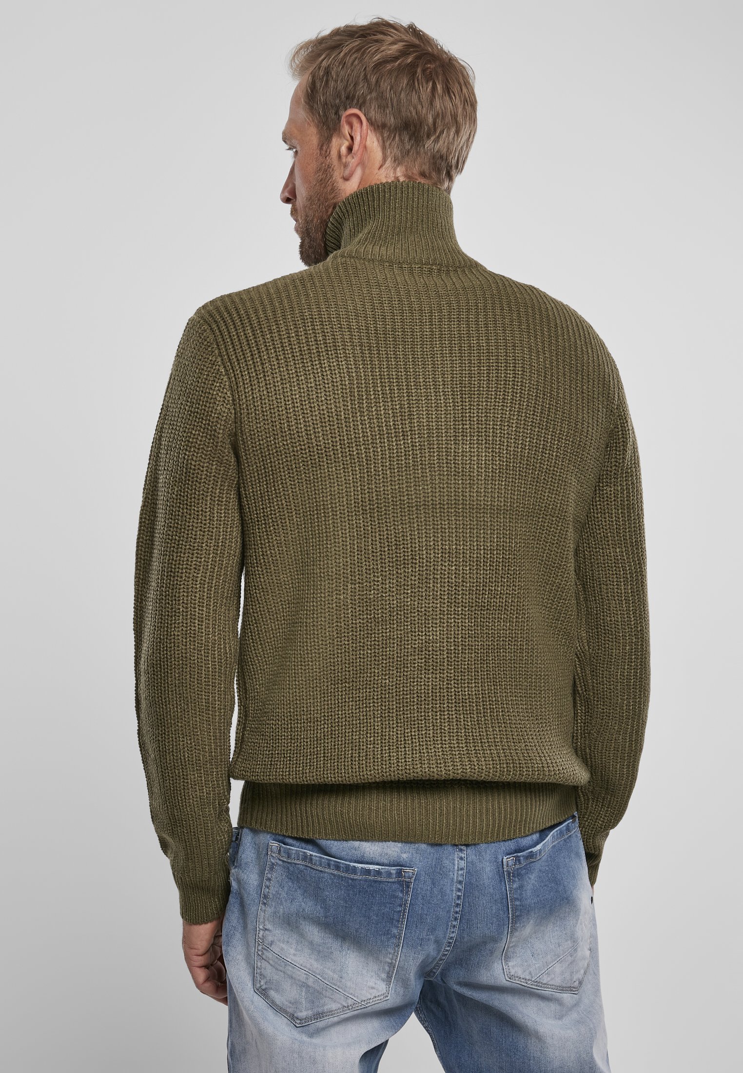 Navy Marine Pullover Troyer with high collar and zipper, featuring knitted cuffs and coarse knit texture.