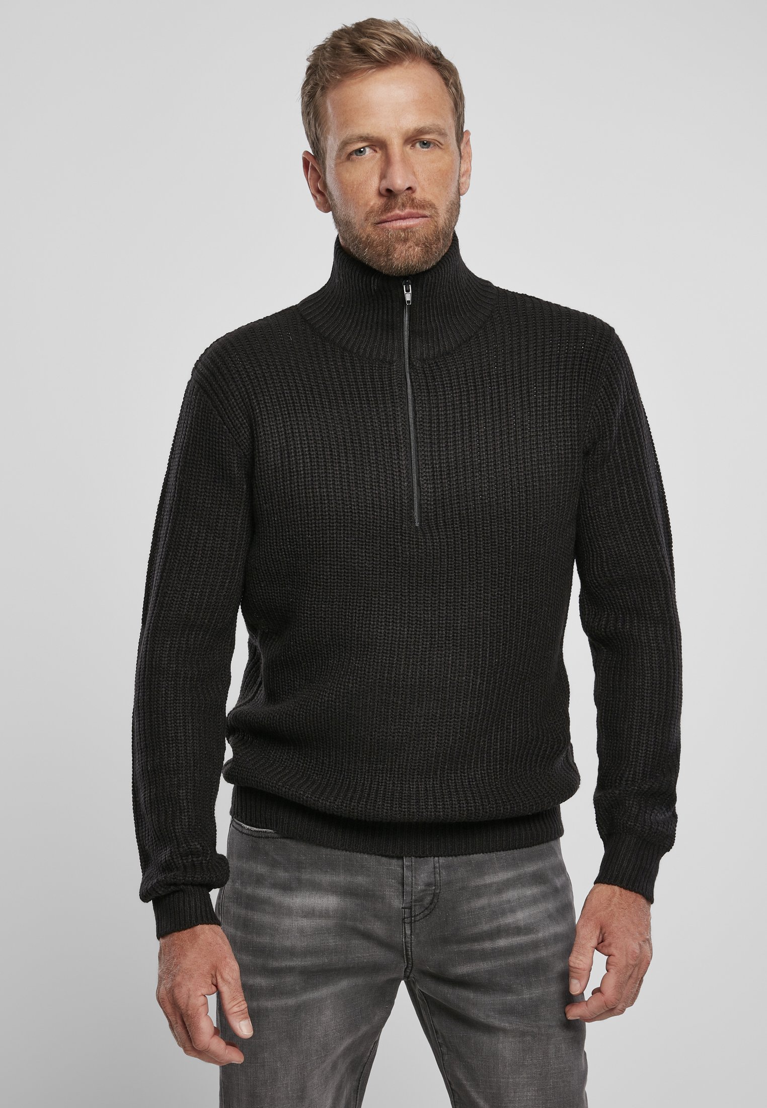 Navy Marine Pullover Troyer with high collar and zipper, featuring knitted cuffs and coarse knit texture.