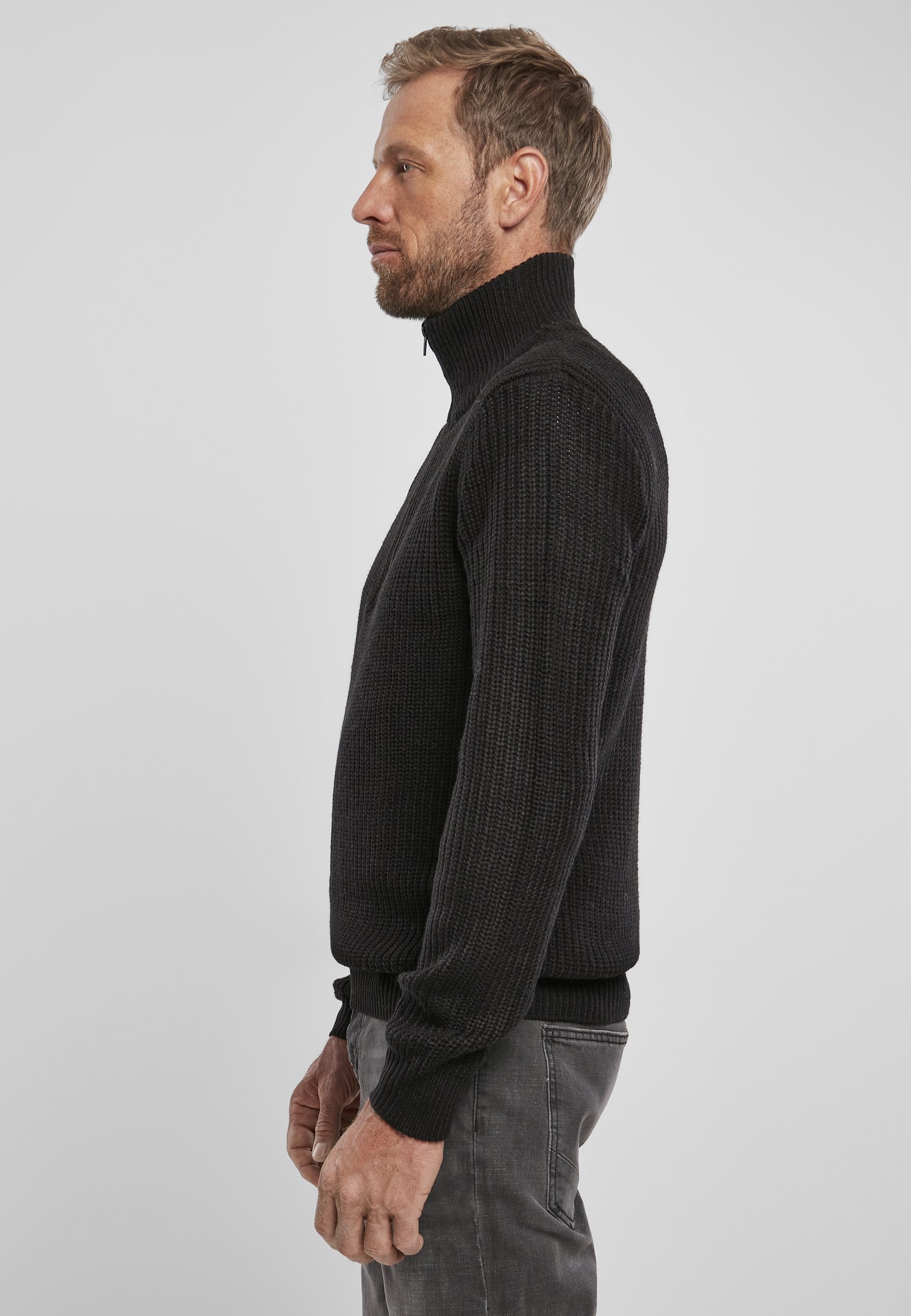 Navy Marine Pullover Troyer with high collar and zipper, featuring knitted cuffs and coarse knit texture.