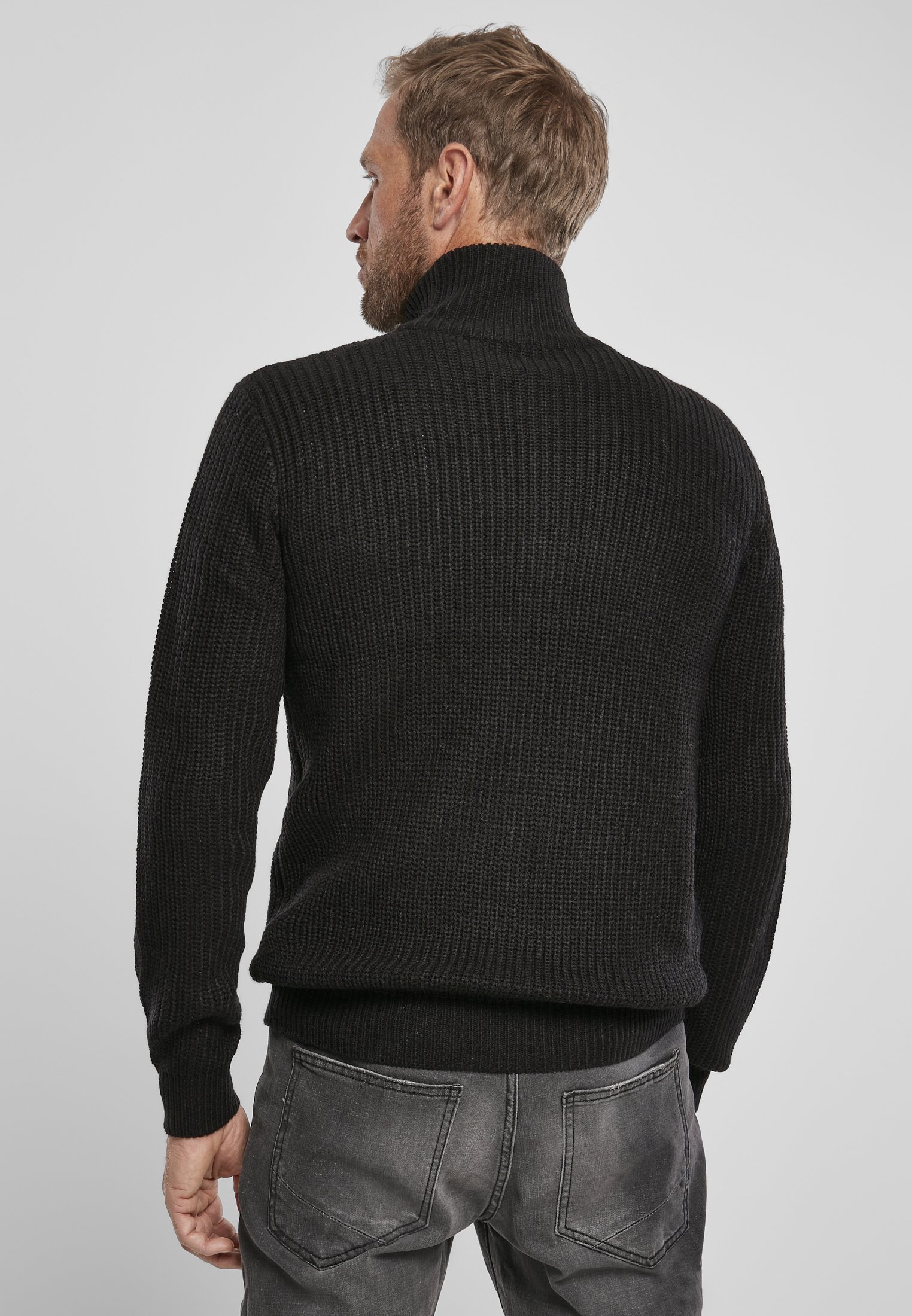 Navy Marine Pullover Troyer with high collar and zipper, featuring knitted cuffs and coarse knit texture.