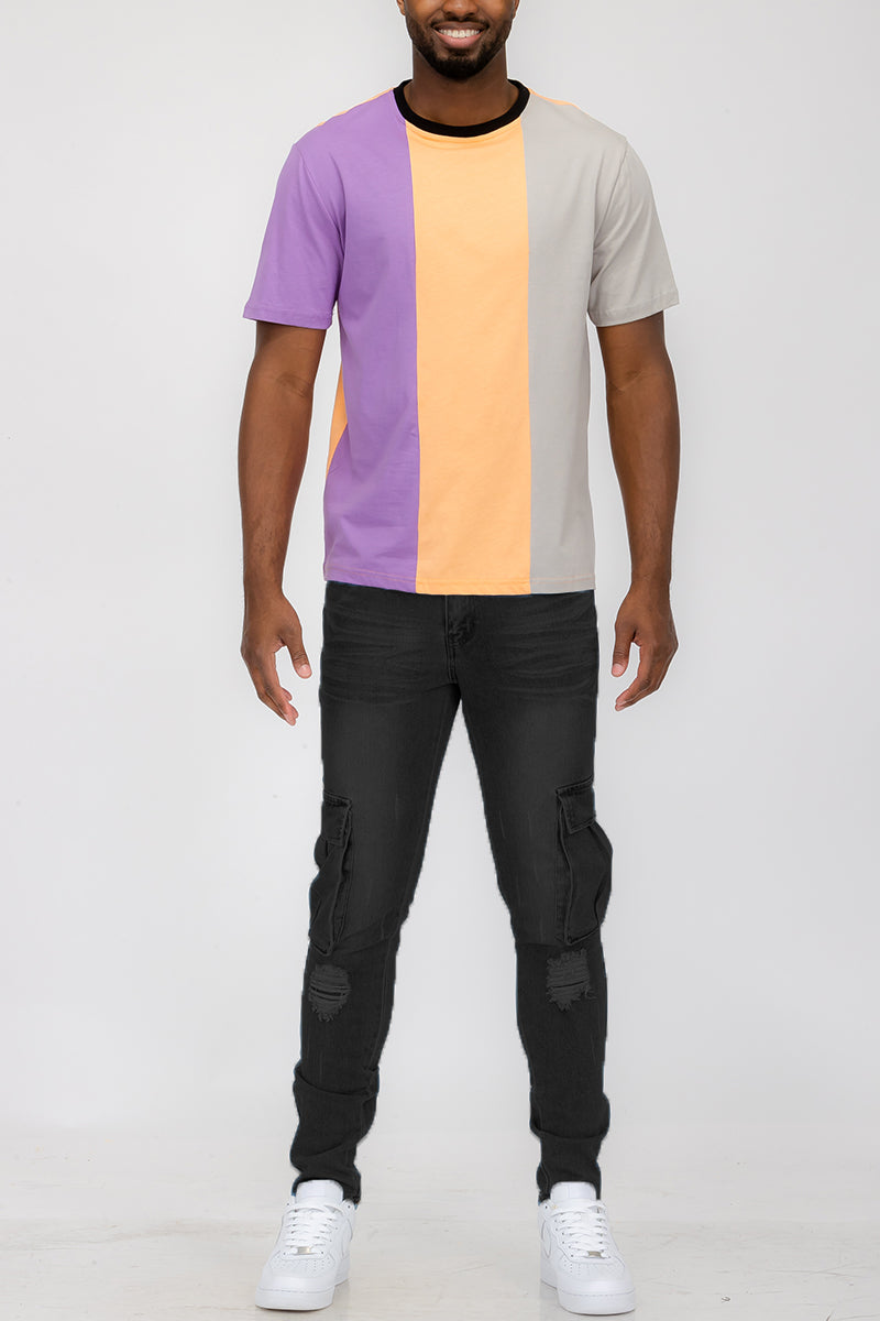 Mason Color Block T-shirt featuring a vertical color block design in vibrant colors, made from 100% cotton for comfort.