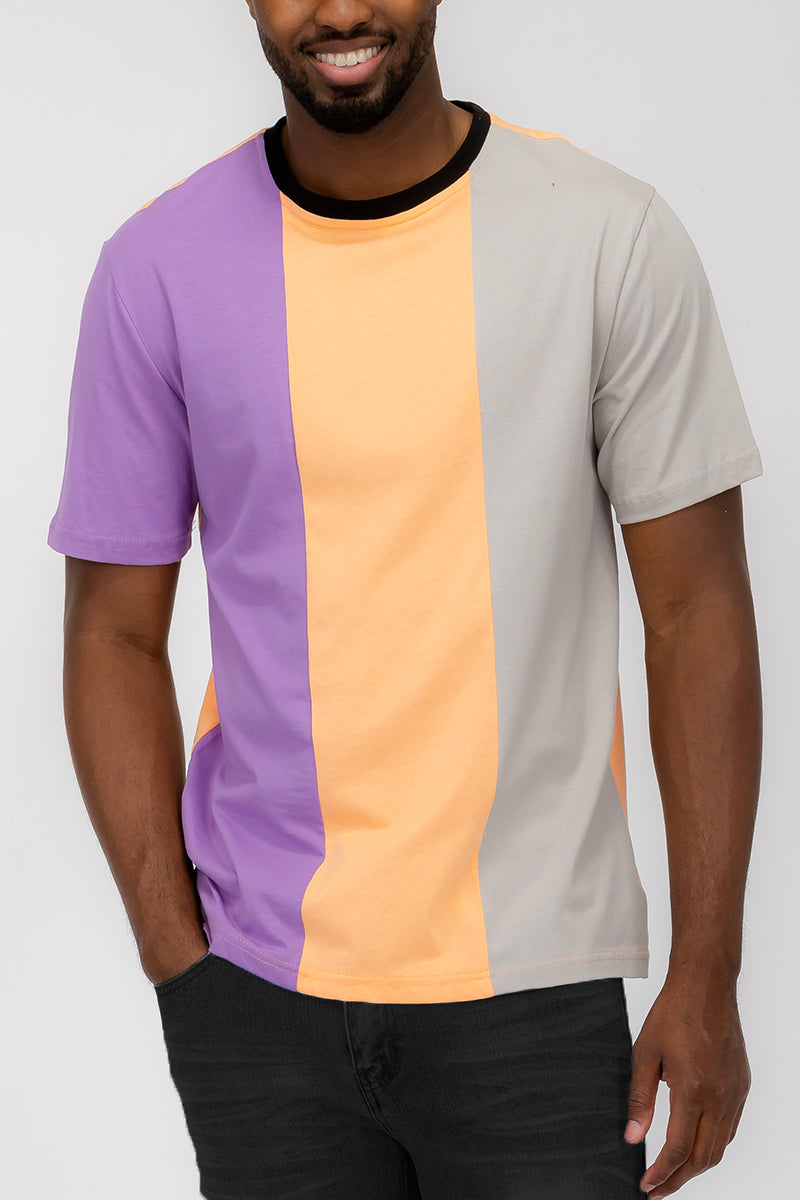 Mason Color Block T-shirt featuring a vertical color block design in vibrant colors, made from 100% cotton for comfort.