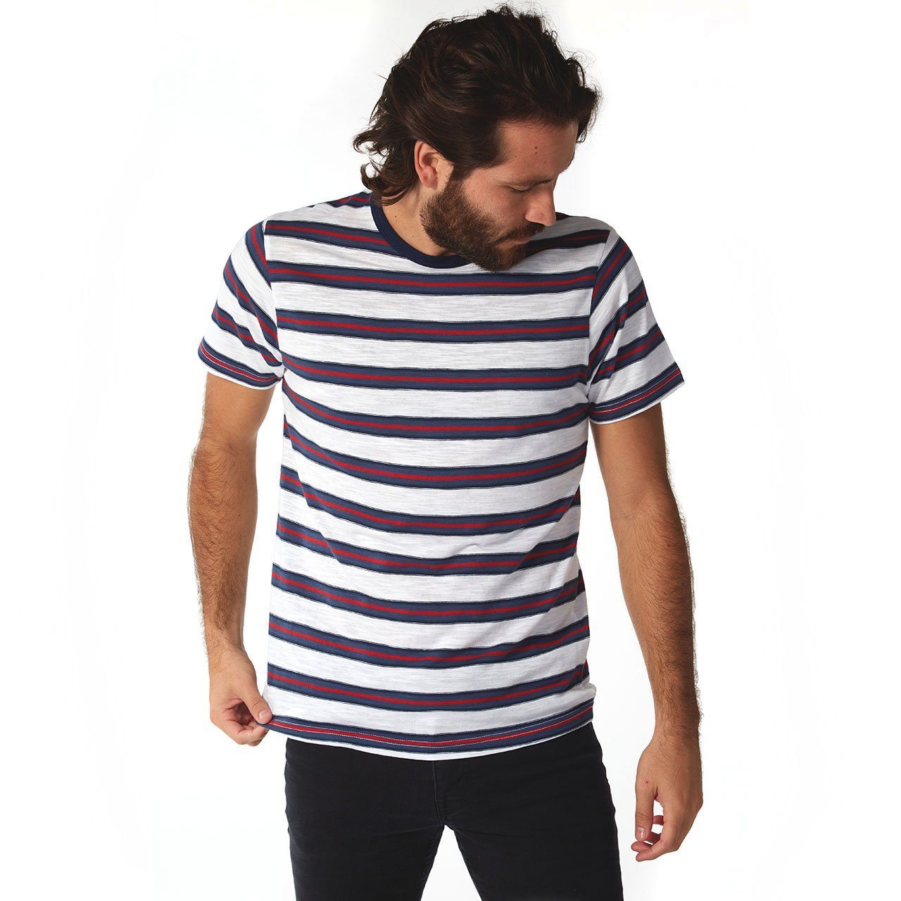 Mateo Striped Tee featuring short sleeves and a crew neck design, made from 100% cotton in eco-friendly factory.