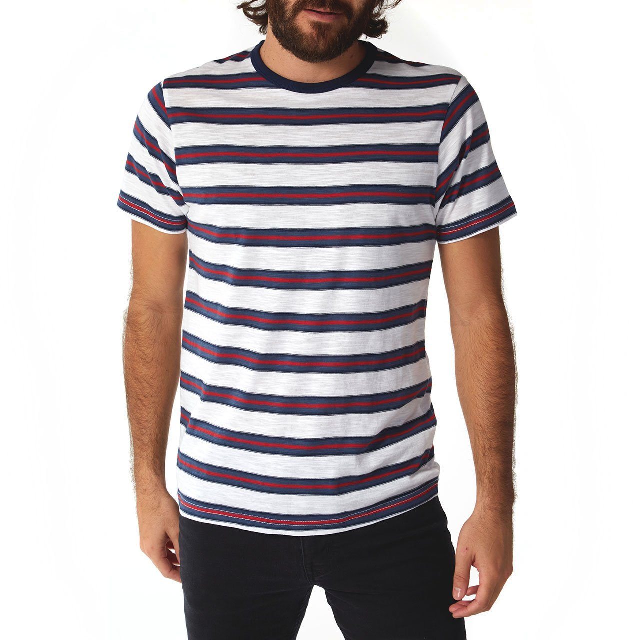 Mateo Striped Tee featuring short sleeves and a crew neck design, made from 100% cotton in eco-friendly factory.